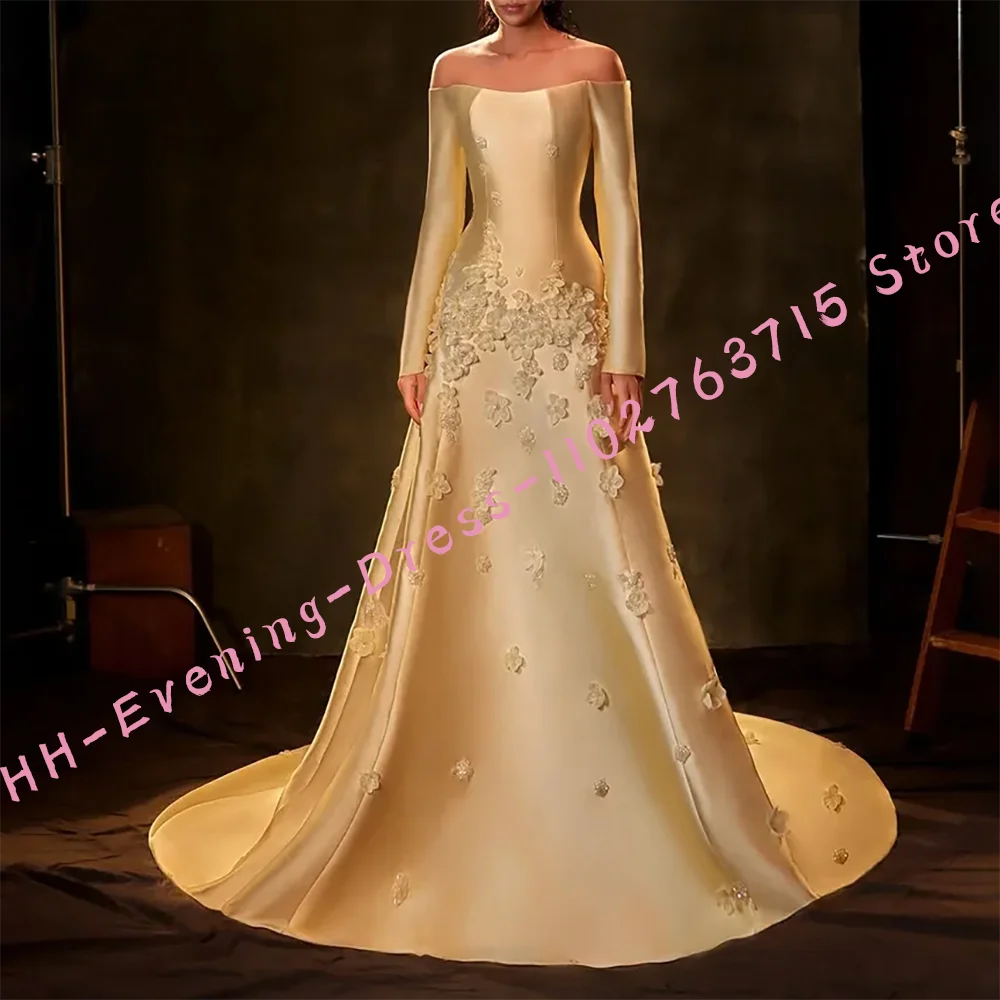 

Classic Satin Off Shoulder Floral A-Line Formal Evening Dresses Birthday Party Prom Gowns Customized