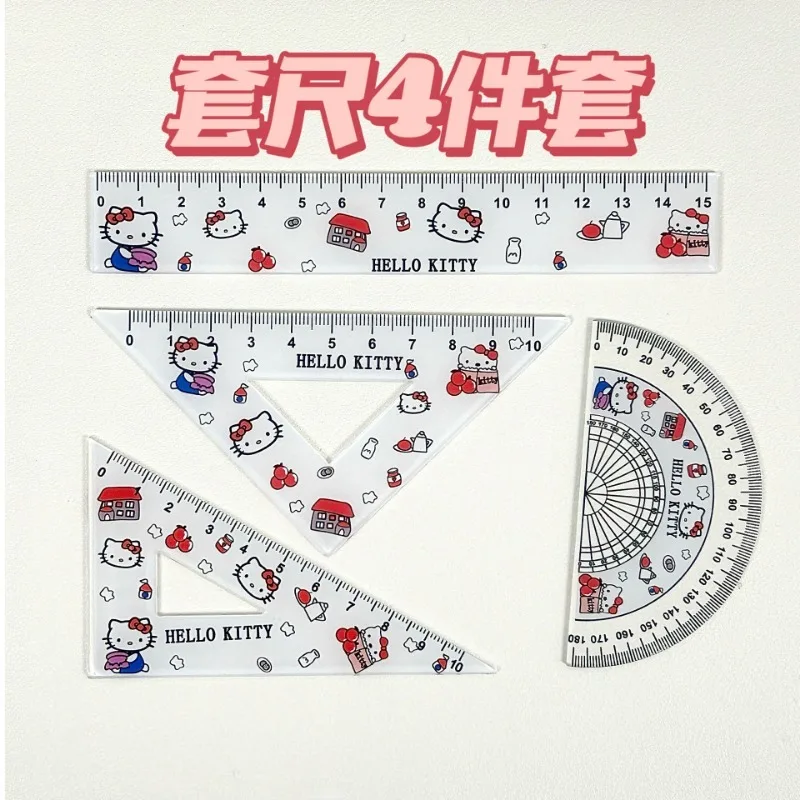 4pcs/Set Sanrio Hello Kitty Cartoon Ruler Set Acrylic Triangular Plate Protractor Measuring Ruler Stationery Kids Christmas Gift