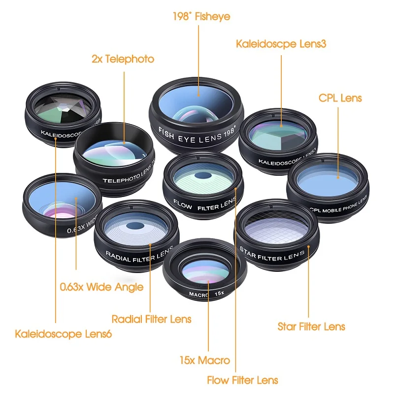 10 In 1 Phone Camera Lens Kit Kaleidoscope Lens Fisheye Wide Angle Macro Lens CPL Filter 2X Telescope Lens for Smartphones