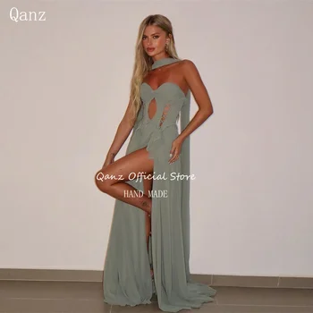 Qanz ชีฟอง Sweetheart ชุดราตรีชุดราตรีหรูหราสูงพร้อมผ้าพันคอ High Slit Vestidos De Festa ชุดที่กําหนดเอง