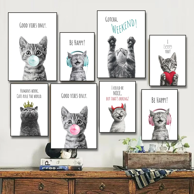 Happy Cat with Headphones with Bubblegum Minimalist Animals Poster Canvas Painting Print for Living Room Home Decor Cuadros
