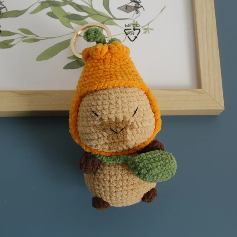 Handmade Crochet Capybara Pear Hat Keychain, Cute Sleepy Rodent Amigurumi Bag Pendant Gift