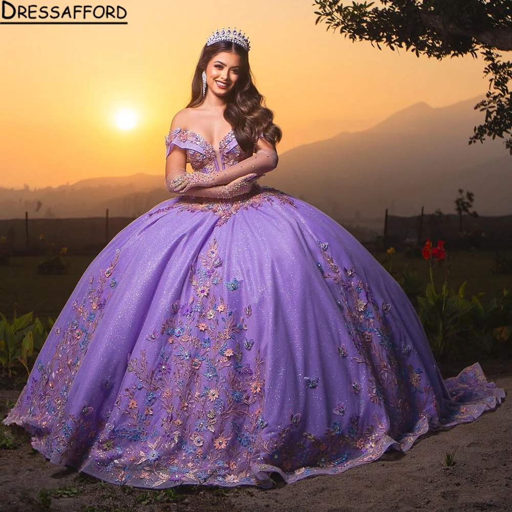 Mexico Purple Off The Shoulder Ball Gown Quinceanera Dresses For Girls Appliques Party Gowns 3D Flowers Sweet 16 Robe De Bal