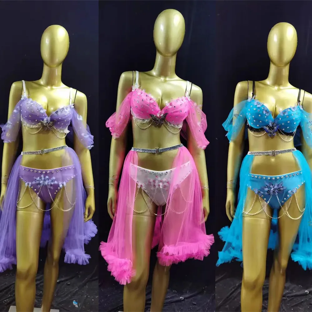 

Purple Pink Flower Bikini 3 Pieces Set Women Music Festival Rave Outfit Nightclub DJ Dancer Groups Performance Costume Swimsuit