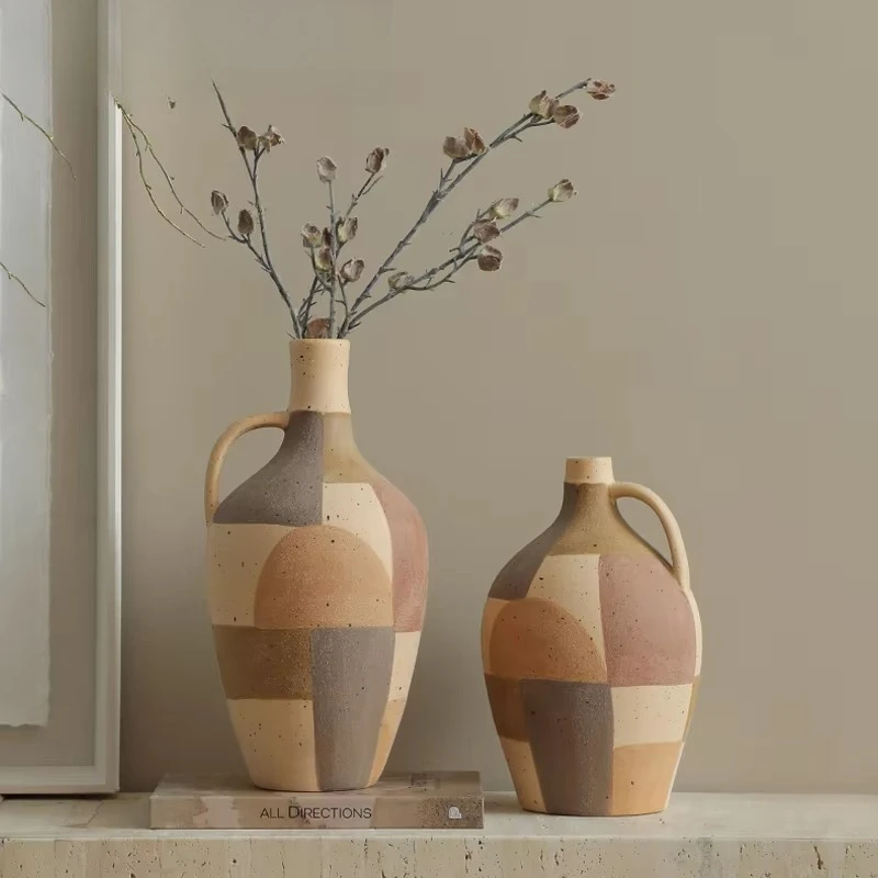Vintage Rustic Decor Hand-Painted Color Matching Ceramic Vase Pottery Model Room Creative Hallway Tabletop Flower Vase