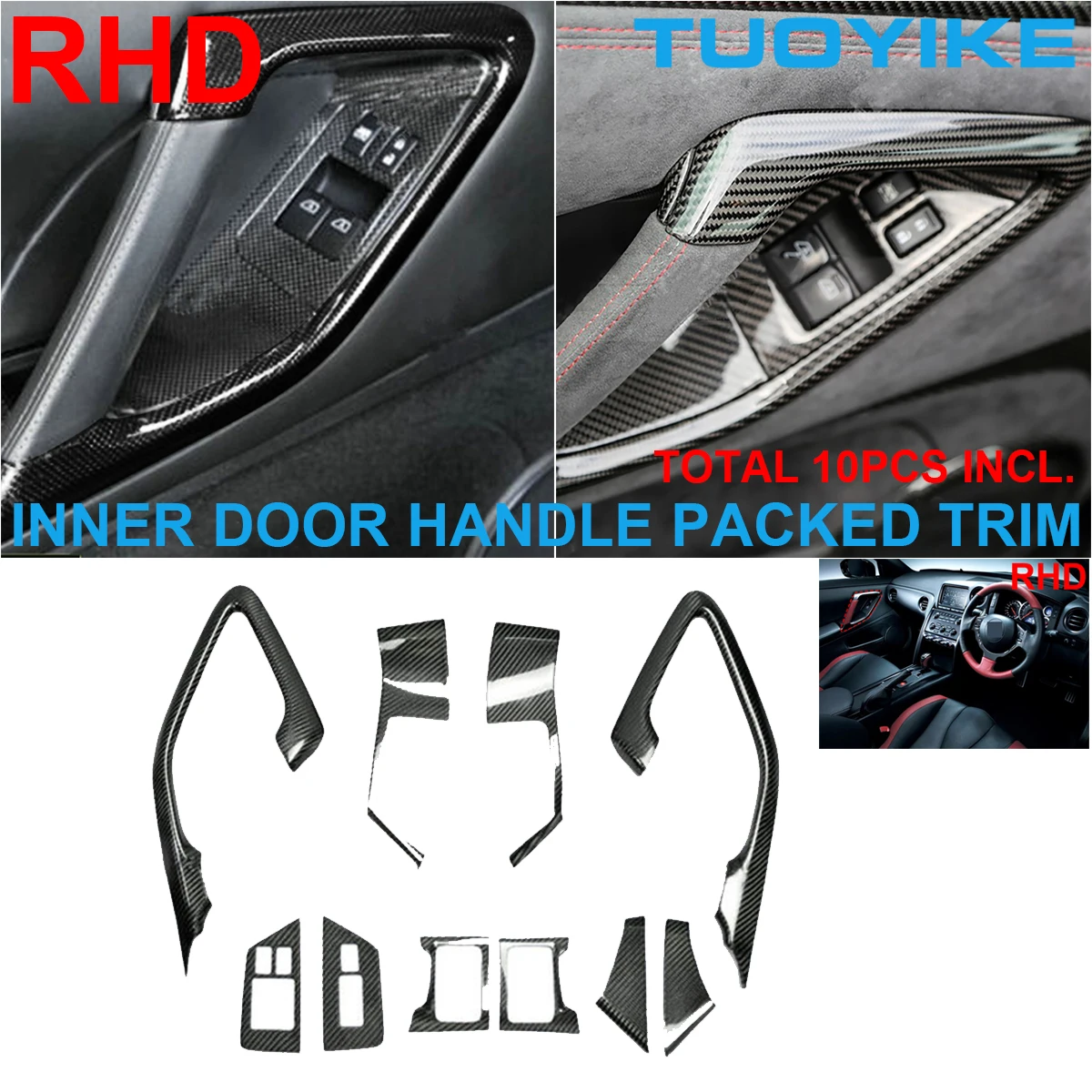 LHD RHD Real Dry Carbon Fiber Interior Door Pull Handle Panel Trim Cover Window Lift 10PCS Pack For Nissan GTR GT-R R35 2008-16