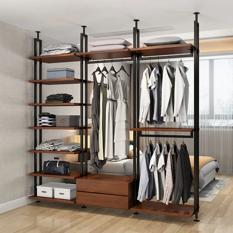 

Open solid wood wardrobe, bedroom clothes rack, cloakroom, multi-layer household floor-to-ceiling coat rack