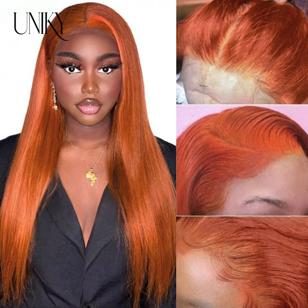 Perruque Bob Lace Front Wig naturelle lisse, cheveux courts et colorés, roux Orange, 13x4, balayage, pour femmes