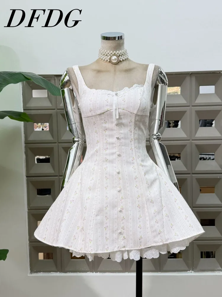 

DFDG Women 2026 Spring SummerFloral Print Mini Dress Square Neck Corset Bodice Button Front Lace Trim Flared Skirt Casual Dress