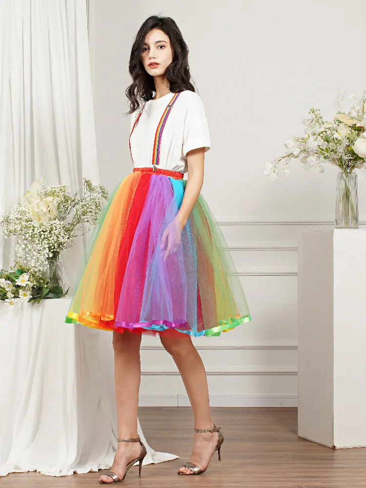 MisShow Women Rainbow Tutu Short Skirt 5 Layers Soft Tulle Pettiskirt Girls Christmas Halloween Cosplay Costumes Mesh Skirts