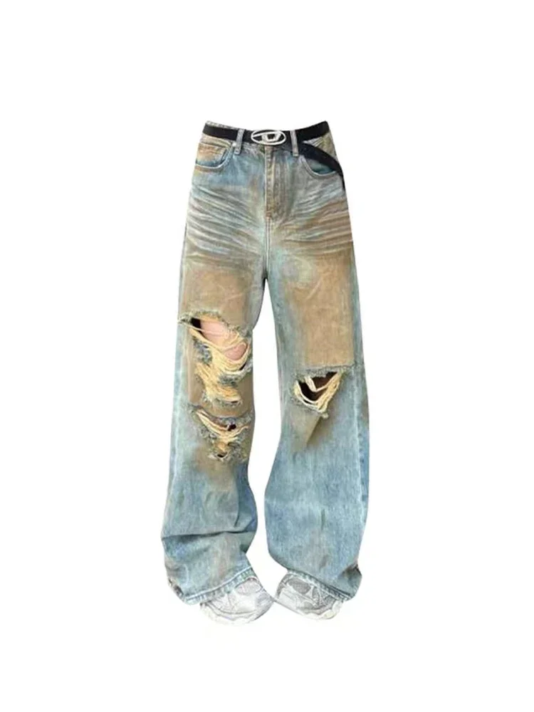 Streetwear Baggy Ripped กางเกงยีนส์ผู้หญิง Harajuku 90s Aesthetic Denim กางเกง Y2k Vintage Jean Cargo กางเกงขากว้าง Pantalones