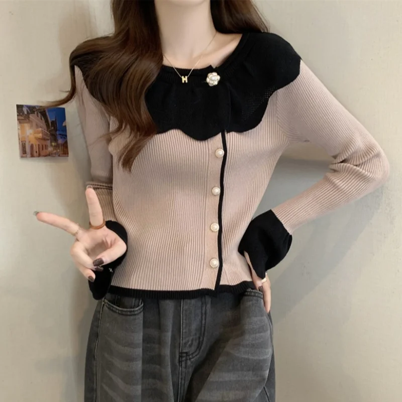 Slim Knitting Short Sweaters Spring Autumn New Long Sleeve Solid Color Button Korean Pullovers Top Fashion Casual Women Clothing