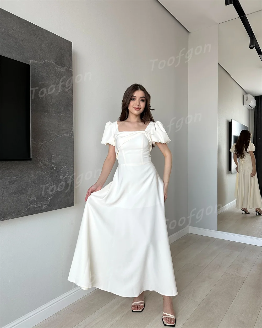 Toofgon Elegant Square Neck Long Evening Dresses Customized Short Puff Sleeve A Line Prom Gown Special Occasion Party Dress