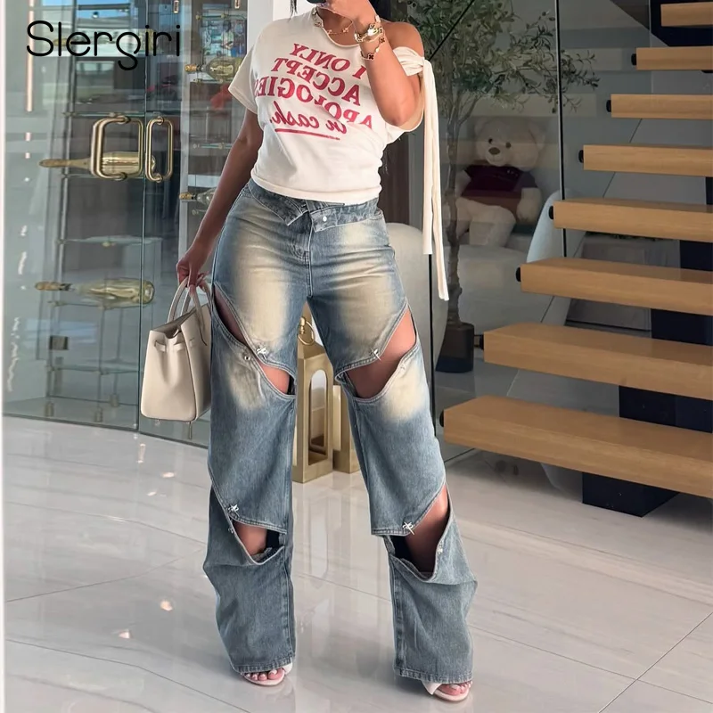 

Slergiri Women's Fashion Street Hollow-out Hole Jeans Vintage High Waist Casual Washed Do old Straight Loose Denim Pants New