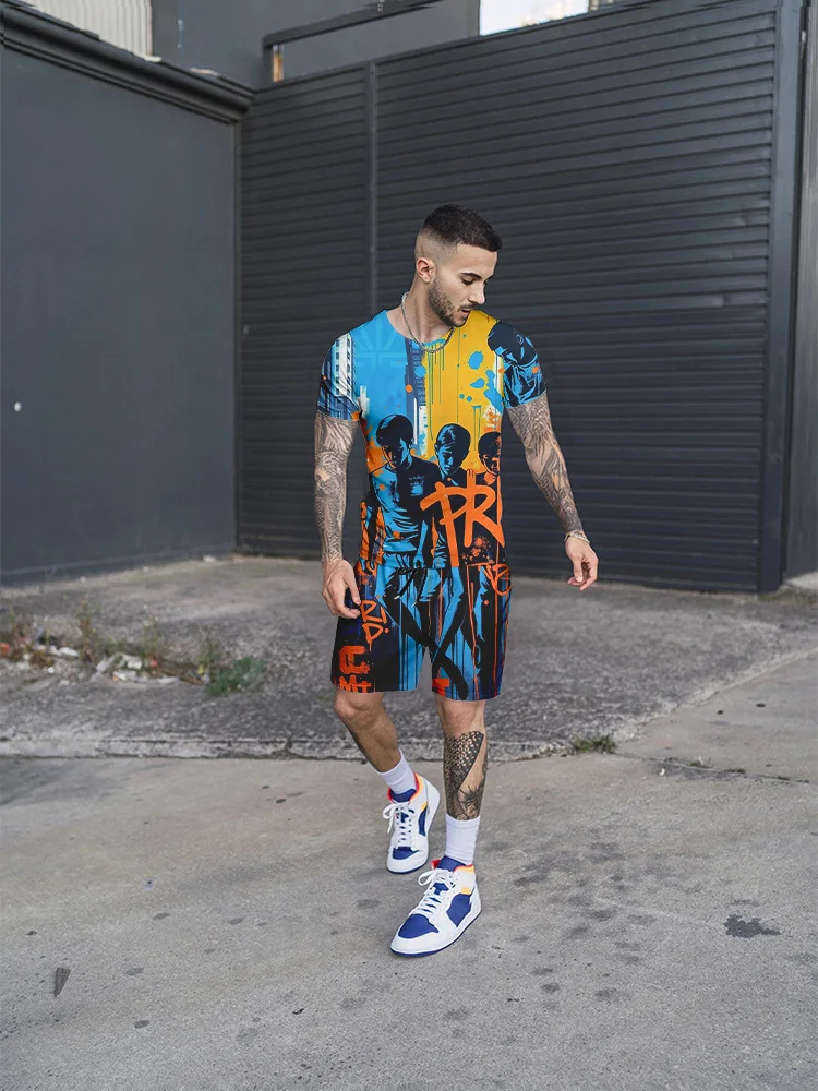 Summer New Men's Casual Fashion Street Graffiti Painting Printed Short Sleeve T-shirt And Shorts Set Fashionable Men's Clothes