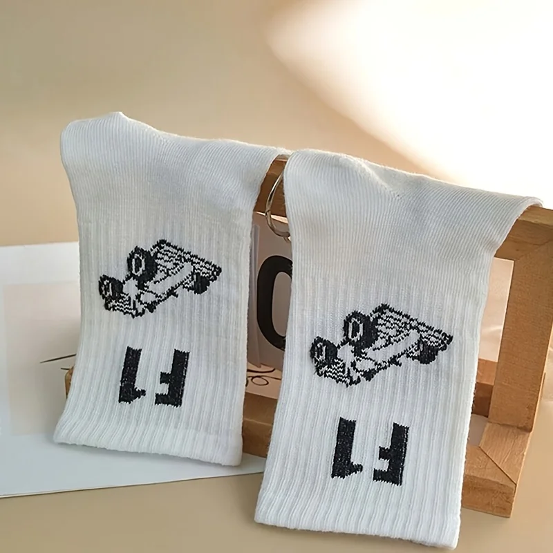 1 Pair Men's Fashion Racing Driver Pattern Crew Socks, Stylish White Cotton Socks with Minimalist Design,All Season Casual Socks