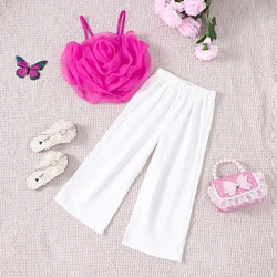 2PCS Summer Girls Set With Suspender Floral Top Straight Leg Pants Fashionable Sweet Children