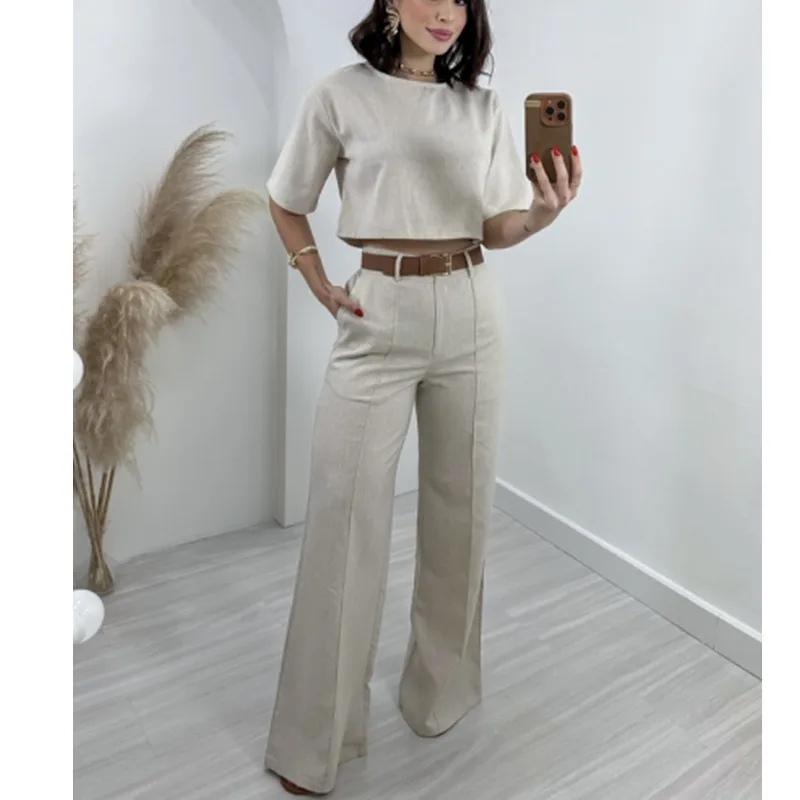 

Cotton and linen short top, high waist and wide legs, suit pants, women's suit, fashionable, simple and versatile temperament, e