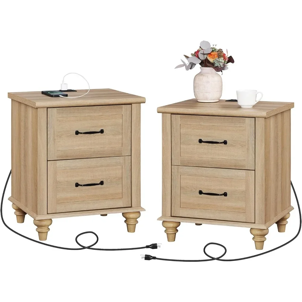 Night Stands,Set of 2,End Tables with Charging Station, 2 Drawer Bedside Table, Farmhouse Side Table,Wooden Bedside Table