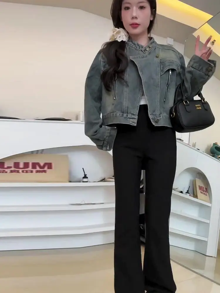 

Denim Coat Embossed Womens Spring Velvet Spliced Balloon Sleeved Hiking Festival Baddie Style Romantic O-Neck Youth Matching Y2K