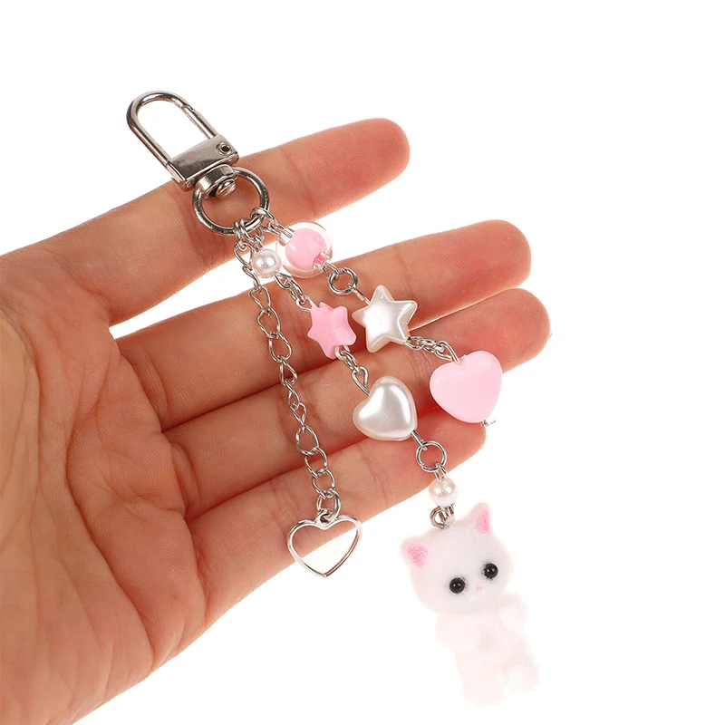 3D Flocking Cat Keychain Cute Flocked Cat Animals Keyring Bag Charms Pendant Backpack Charms Car Decor Accessories