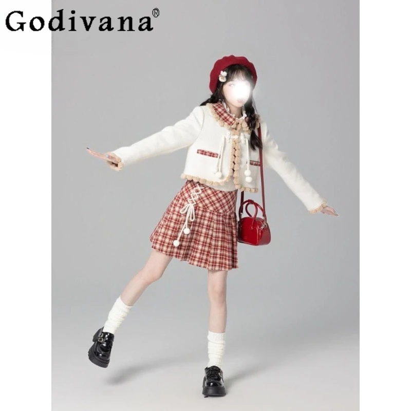 

Winter Sweet Doll Collar Plush Coat Set Women Red Plaid Coat and Fashion Skirt Two Pieces Suit Female Japanese Lolita Outfits