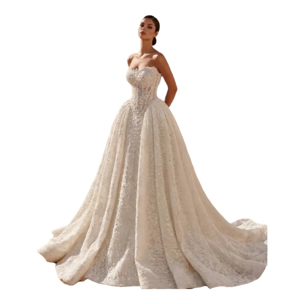 Luxuriöses Spitzen-Hochzeitskleid, trägerlos, mit Perlen besetzt, A-Linie, Brautkleid, Prinzessin, maßgeschneidert, Vestido De Novia