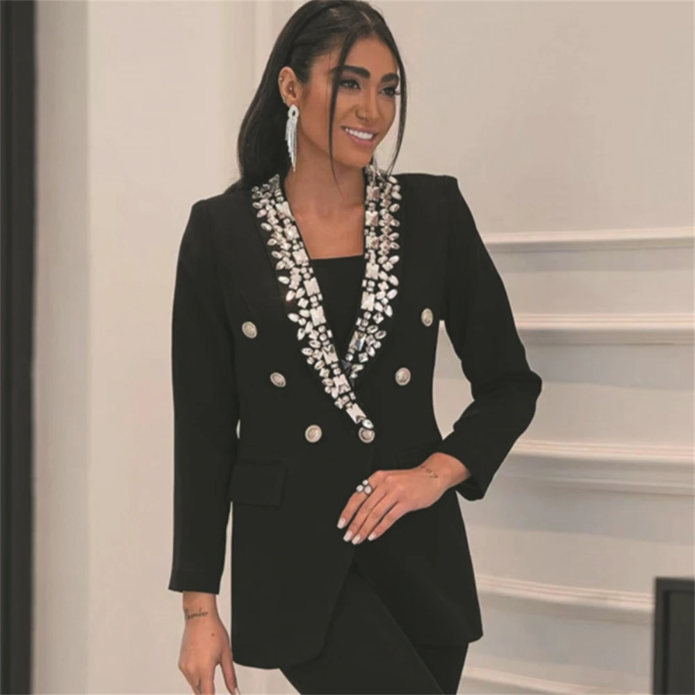 Shinny Diamonds Suit Jacket for Women Double Breasted Crystals High End Women's Tuxedo Jacket Formal Party Outfit