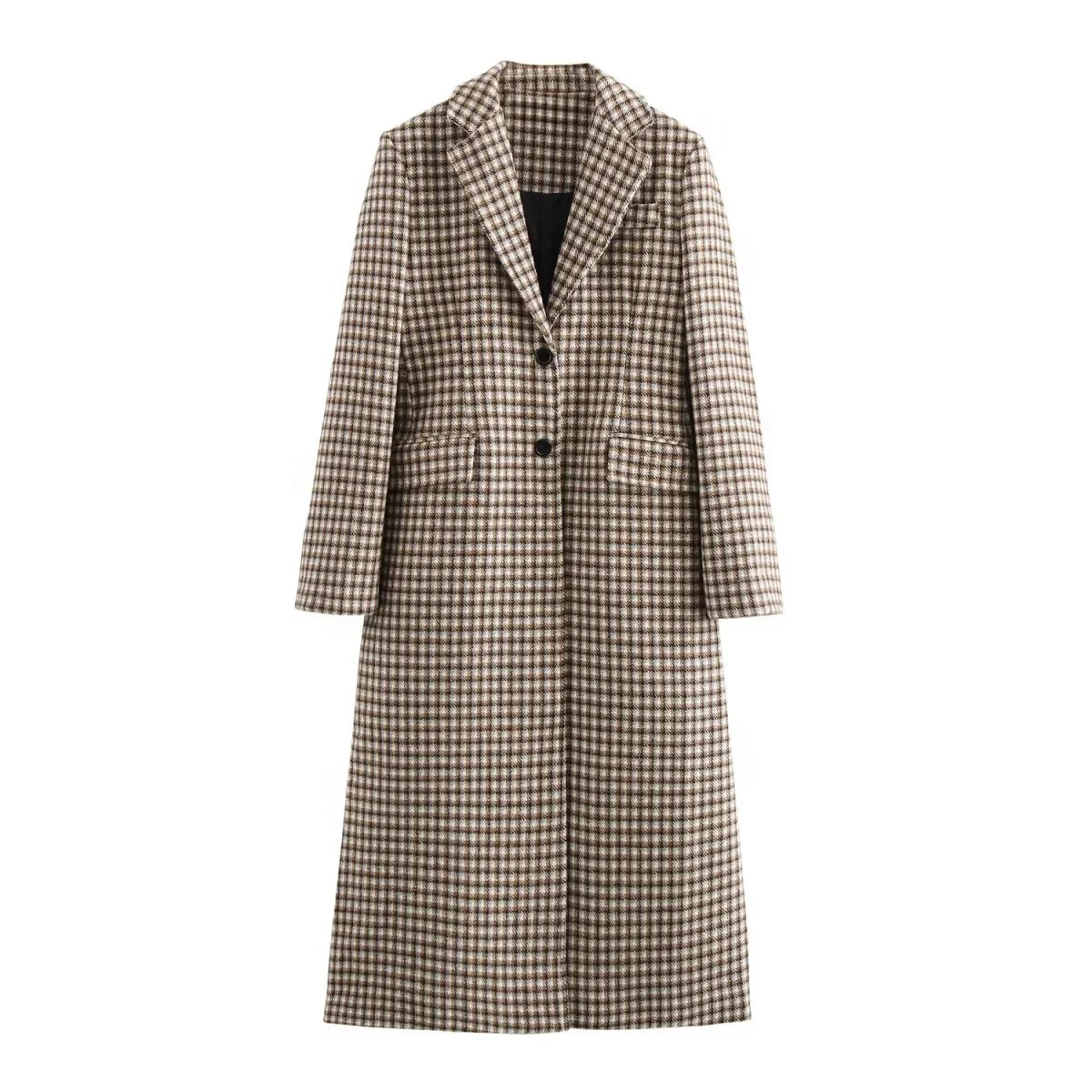 

Autumn Winter New Women Casual Fashion Simple High-End Collar Plaid Long Sleeve Straight Long Coat Female Wool Coats