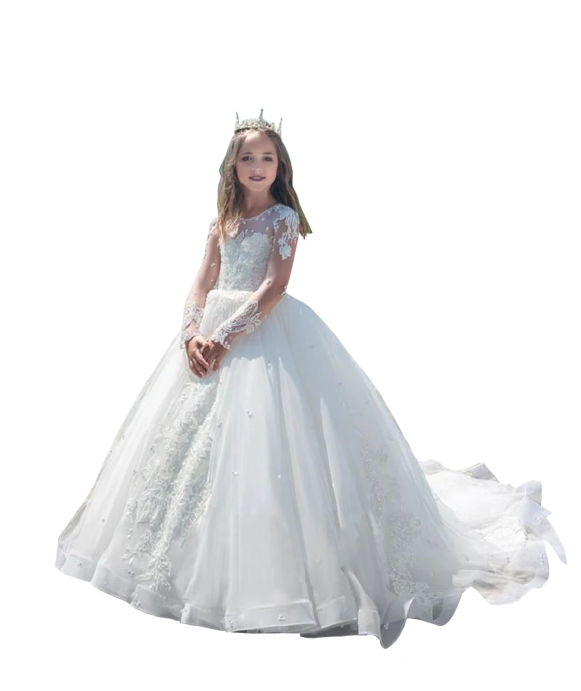 

Luxury Long Sleeves Lace Flower Girls Dresses 2025 Princess White Pageant Dress for Girls Birthday Party Ball Gowns Floor Length
