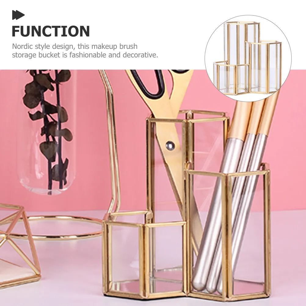 Makeup Brush Holder Three Grid Glass Organizer Storage Bucket Pen Holder Desktop Makeup Brush Storage Stand - view 3