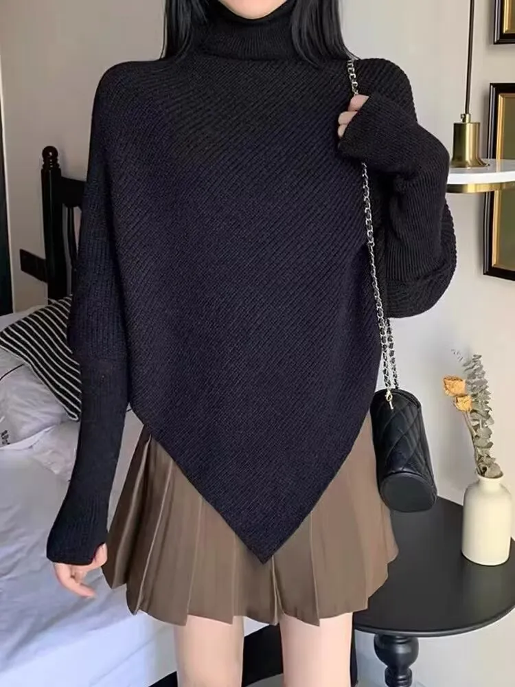불규칙한 터틀넥 니트 스웨터 2025 가을 겨울 여성 두꺼운 풀오버 스웨터 한국 스타일 하이 스트리트 니트 스웨터