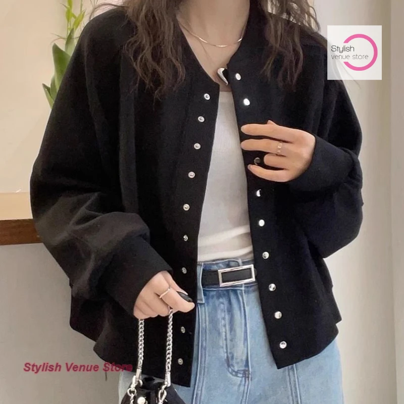 

Korean solid color loose short sweater baseball uniform coat women's autumn and winter new fashion casual little jacket cardigan