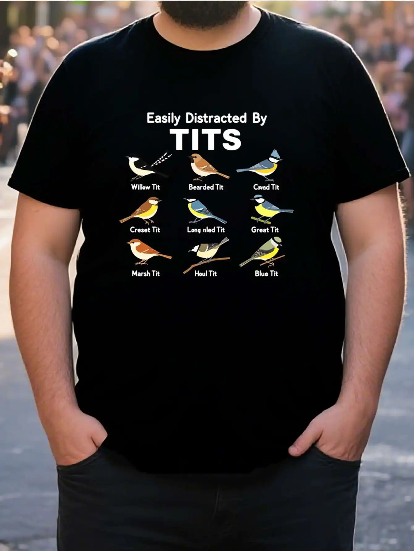 

Men's Funny Bird Watching Graphic Tee Easily Distracted by Tits Saying Big Tall Sizes Breathable Crew Neck Shirt