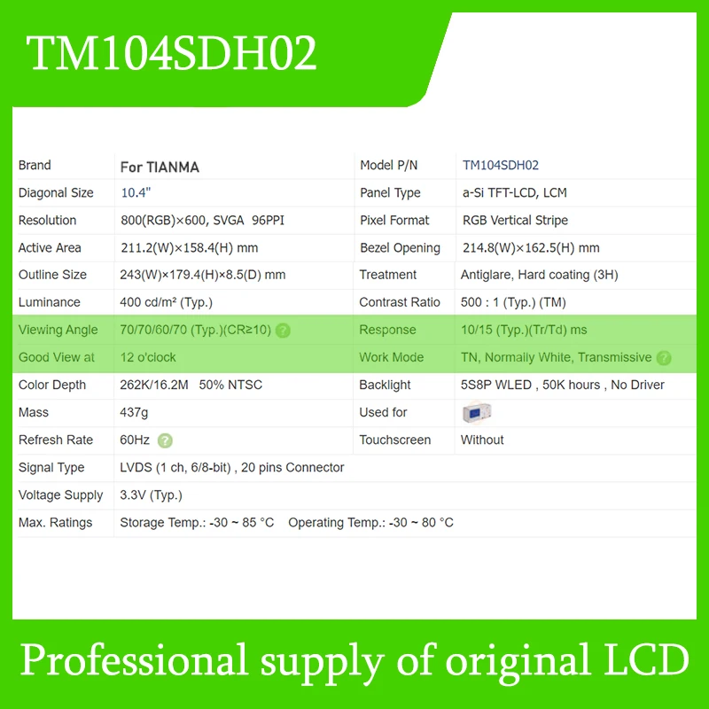 Imagem -06 - Original Lcd Display Screen Panel para Tianma Novo e Transporte Rápido 100 Testado Tm104sdh02 104