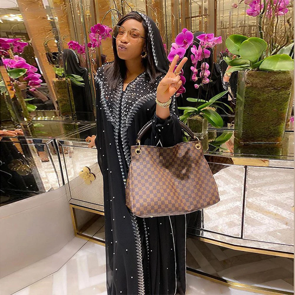 

New Solid African Style Loose Irregular Beading Dress Plaid Diamonds Hooded Women Batwing Dress Sexy Abaya Muslim Mujer For Lady