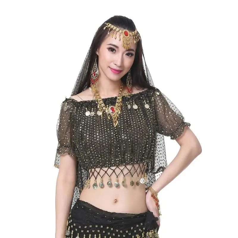 

652F женский костюм для танца живота, наряды для танца живота, топы с монетами для танца живота, укороченный топ для танца для