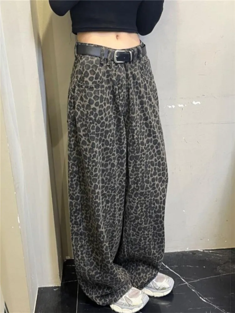 

High Waist Wide Leg Leopard Print Jeans Women's Spring Design Loose Fitting Floor Length Straight Cut Trousers