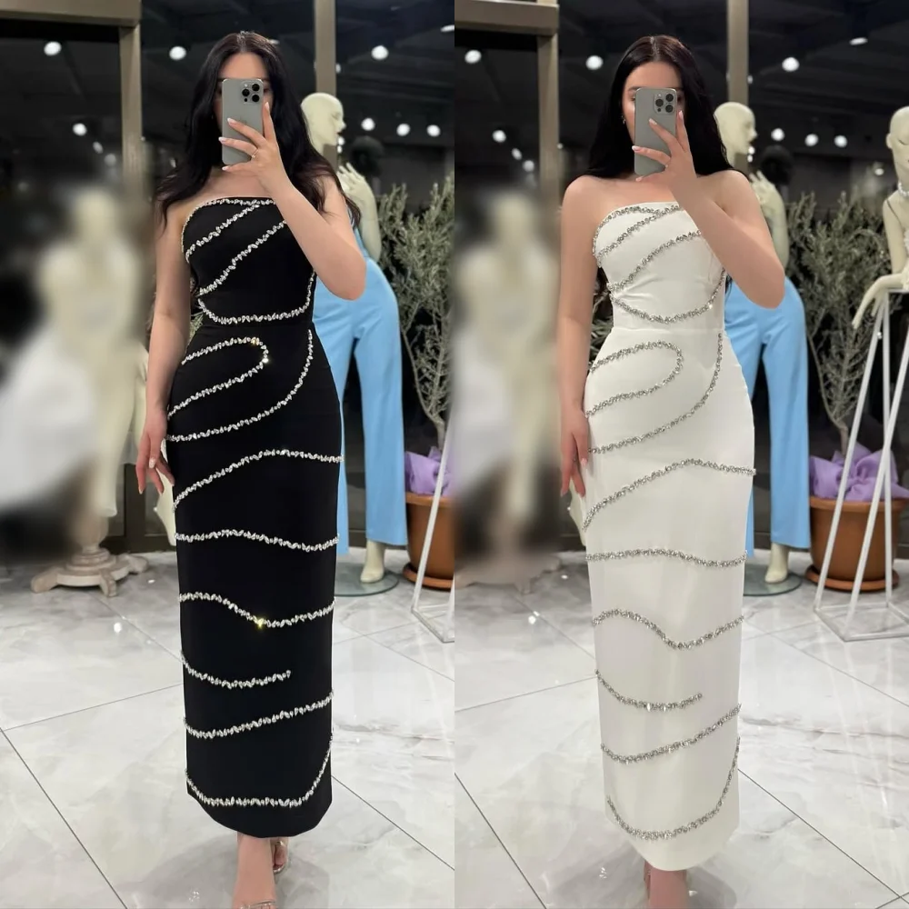 

Customized Jersey Rhinestone Sparkle Strapless Straight Midi Dresses Bespoke Occasion Women Luxury Evening Elegant Party Wedding