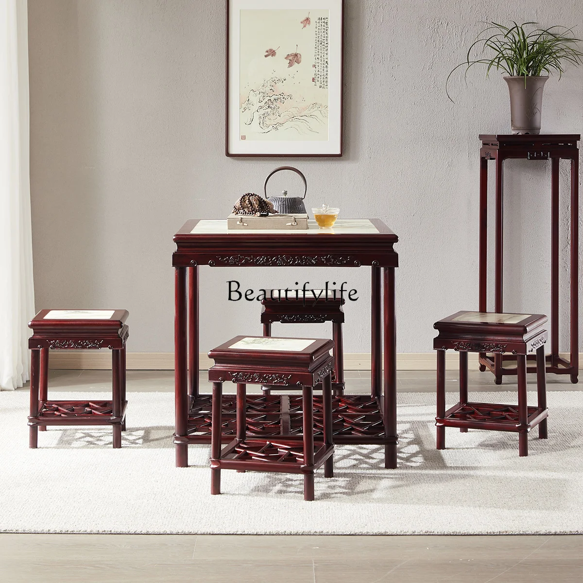 

Rosewood Dining Table Sandal Wood Square Square Solid Wood Old-Fashioned Square Table for Eight People Chinese Style