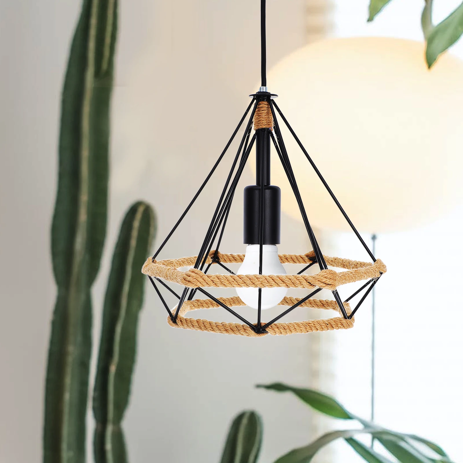 Wrought Iron Rope Ceiling Lamp Vintage Diamond Shaped Chandelier Country Style Hanging Pendant Light 110-220V E27 Decorative