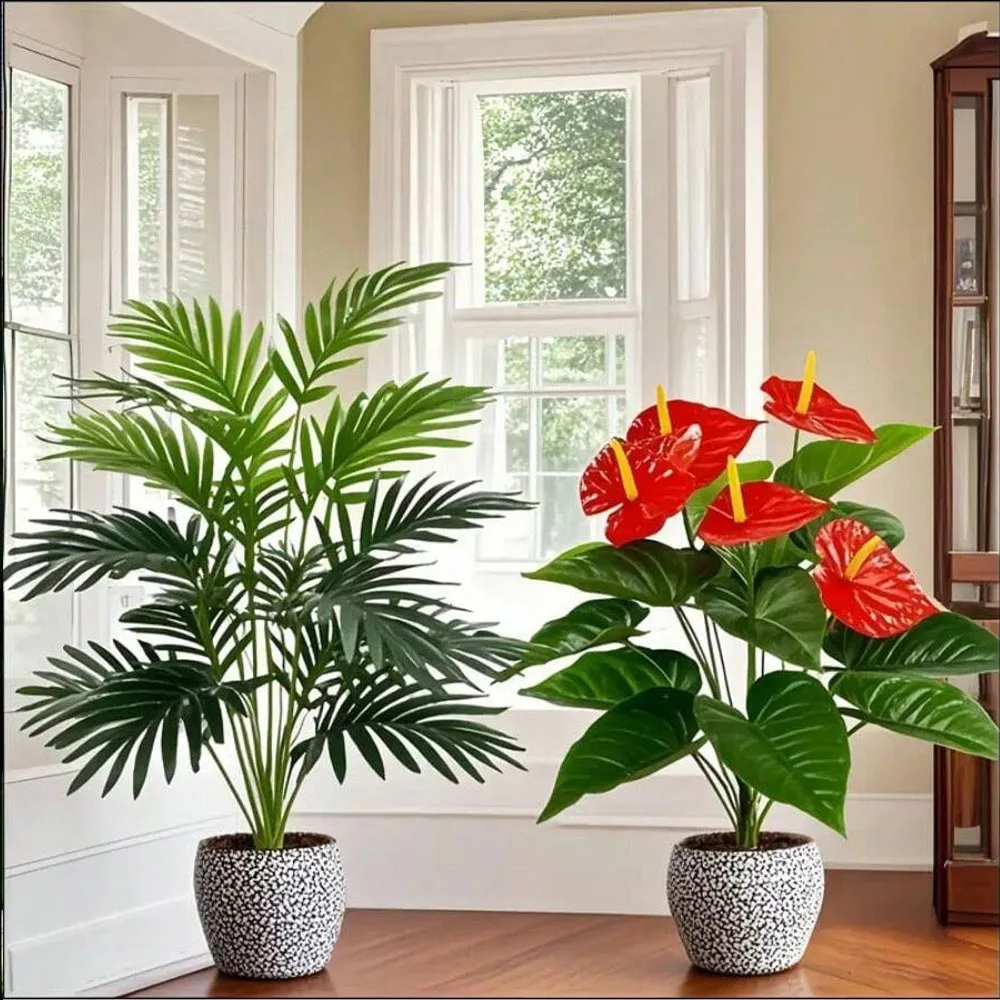 2 Sets große künstliche Palmenpflanzen und Anthuriumgrüne Zyklusblätter aus Kunststoff für Zuhause, Balkon, Büro, Outdoor-Dekoration – Detail 2
