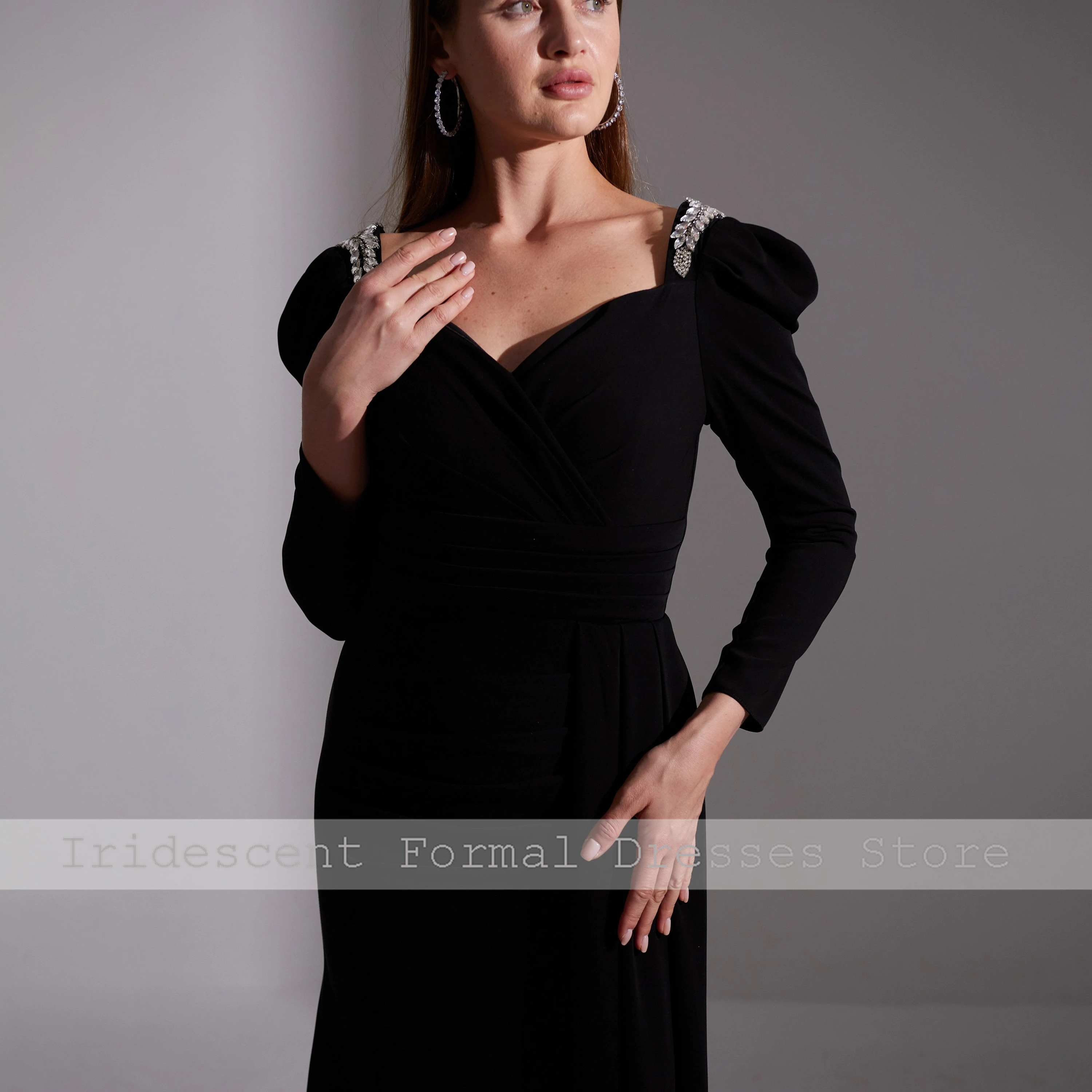 Vestidos de noite longos personalizados com fenda cristal vestido de festa de luxo feminino decote em v moderno plissado até o chão vestidos de baile