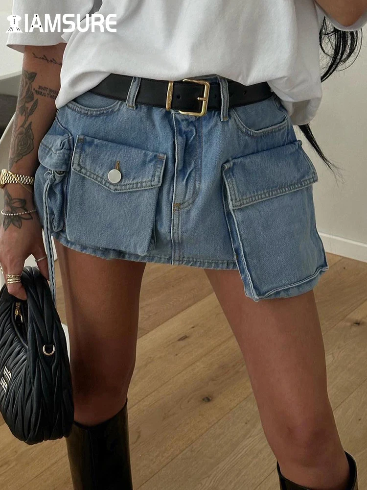 IAMSURE Safari Style Big Pockets Denim Skirt Sexy Slim Mid-Waisted Mini Skirts Women 2023 Summer Fashion Streetwear Ladies