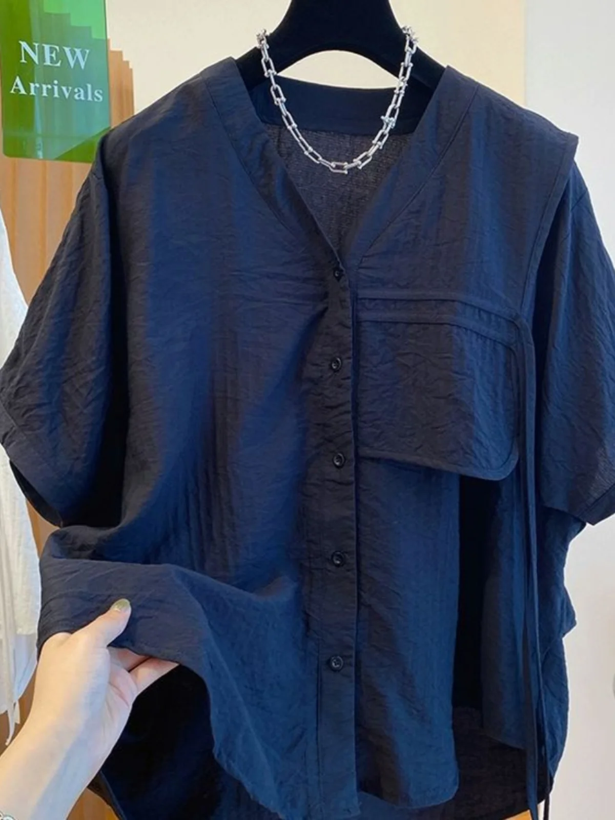 

Extra Large Size Men's irt V-Ne Loose Fit Sun Protection Button up Retro Artistic Pure Desire Faionable Top Summer