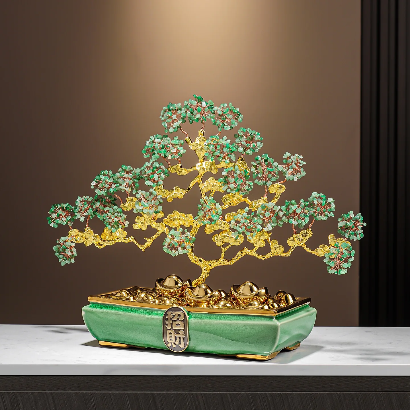 LTT jadeite green crystal stone fortune tree ornament light luxury high-end living room porch TV cabinet decoration