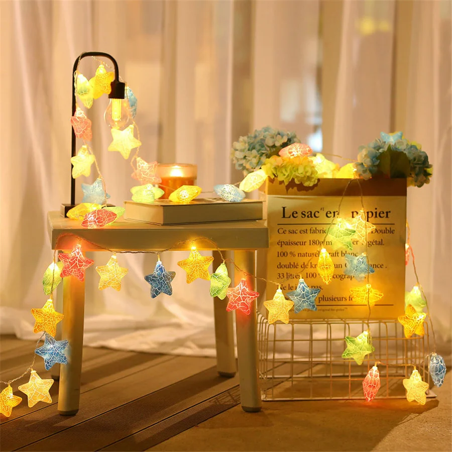 New LED Ice Crack Star Christmas String Lights Battery Powered 1.5/3M Fairy Garden Garland Lights for Party Wedding Decoration