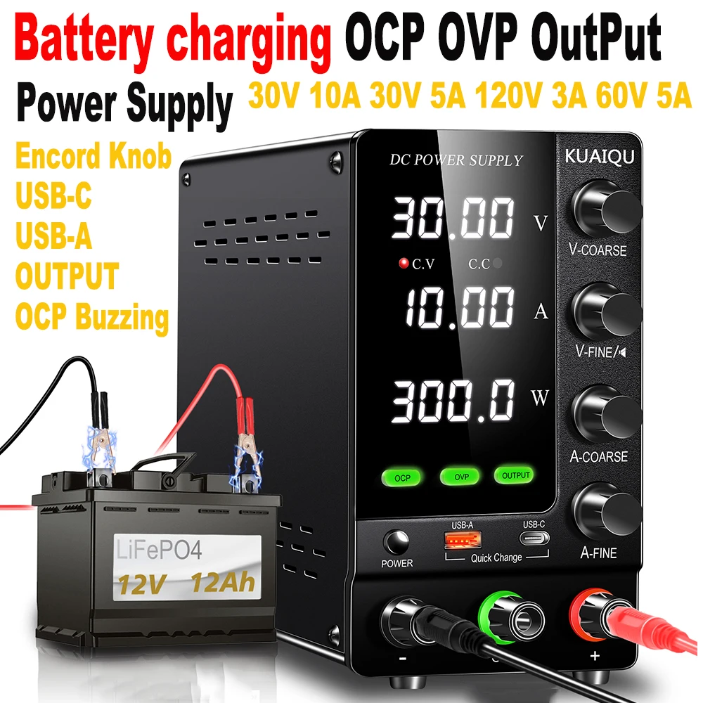 

OCP Battery Charging Power Supply 30V 10A Optional Lab Regulated DC Power Supply Adjustable USB-C/A Fast Charge Phone Repair