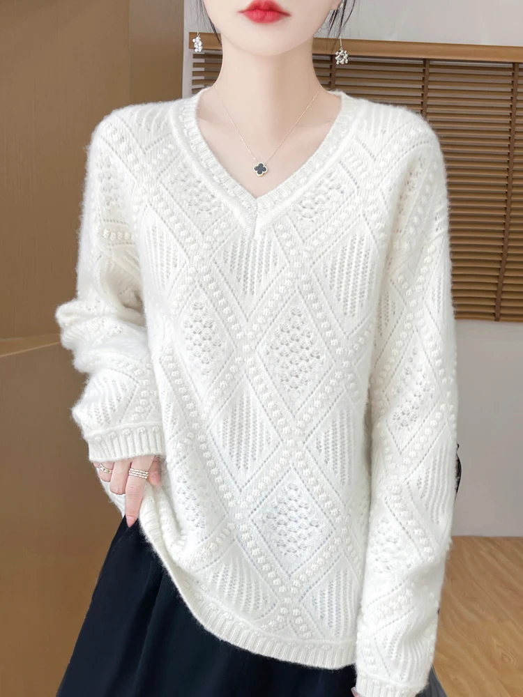 Fashion 100% Merino Wool Sweater Elegant Cashmere Pullover Women V-Neck Long Sleeve Knitwear Basic Thick Loose Jumper Tops