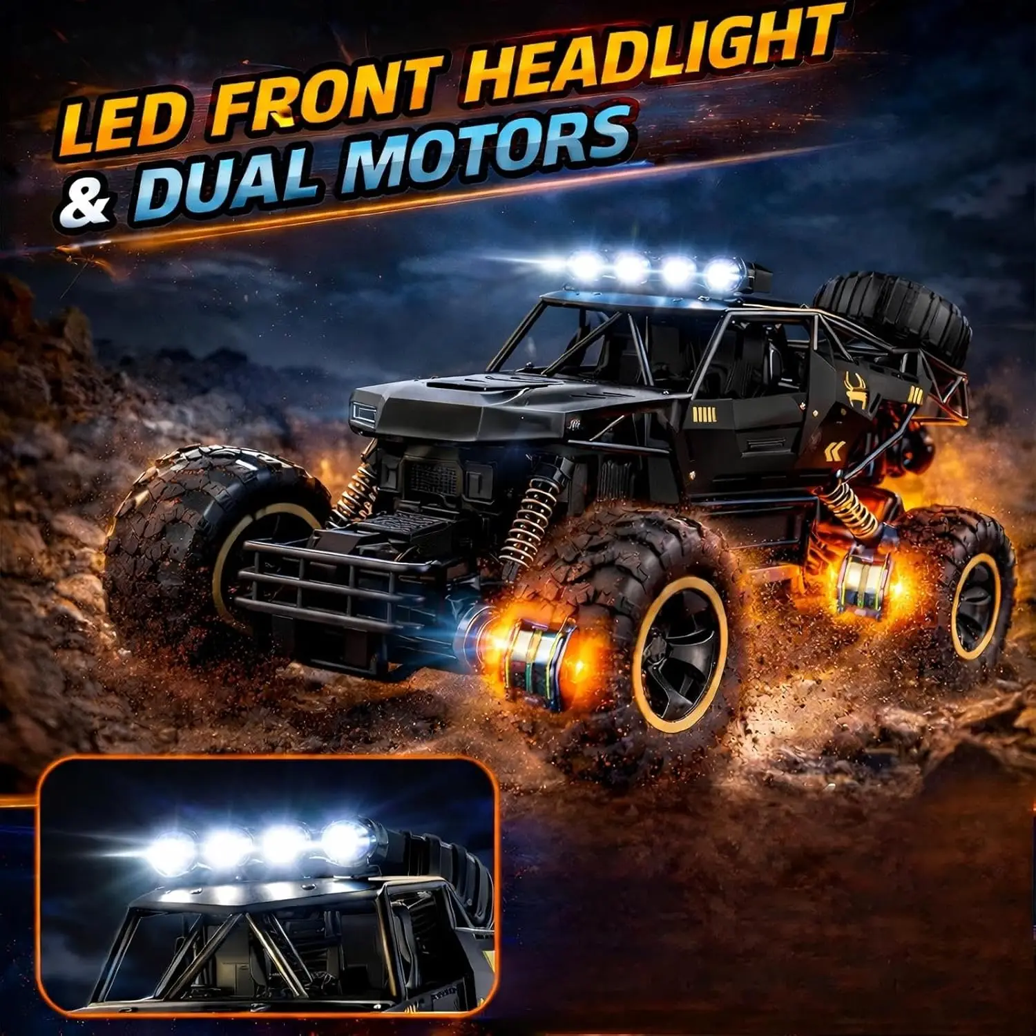 1:12 Scale RC Rock Crawler 4WD Off-Road Truck, Remote Control Monster Car with Metal Body, LED Headlights, Dual Motors, Shock Absorbers, 2 Batteries, All-Terrain Vehicle for Kids Teens Adults, Black